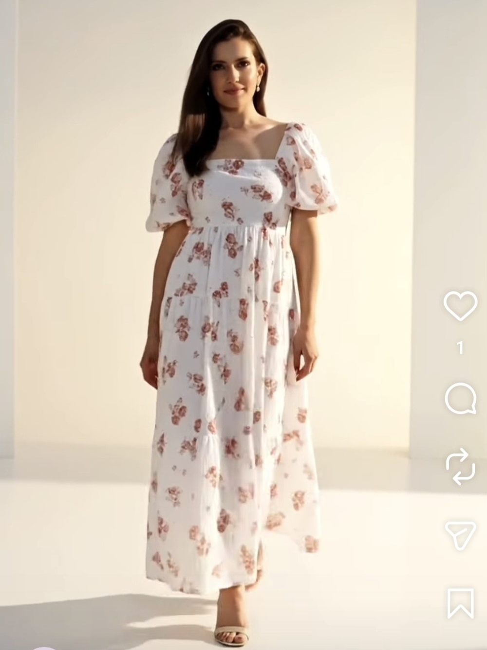 White Floral Square-Neck Maxi Dress with Puff Sleeves